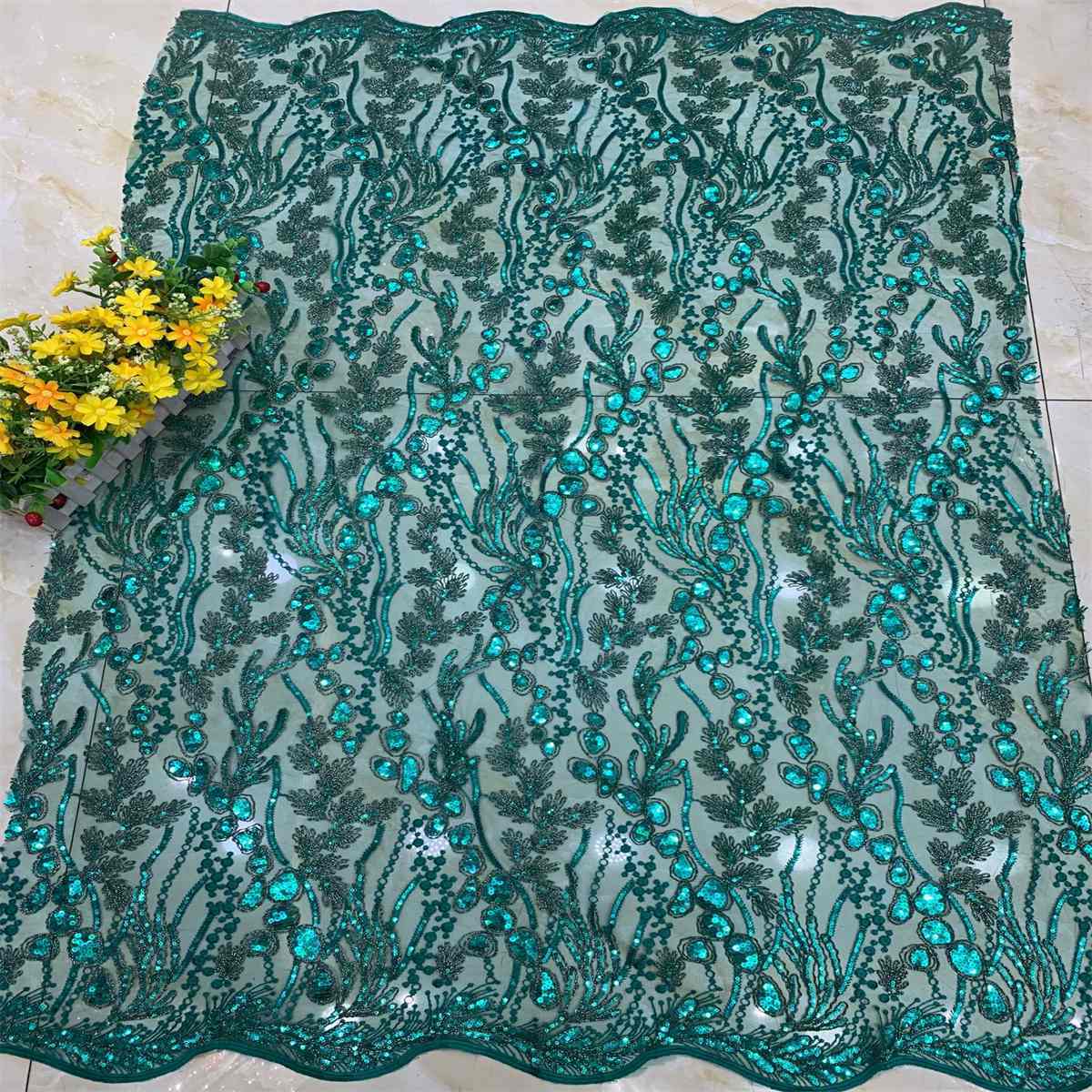 5 Yards Embroidered Sequin Fabric, Corded Embroidered Sequin Tulle Lace | Love in Lace | NO. DX039