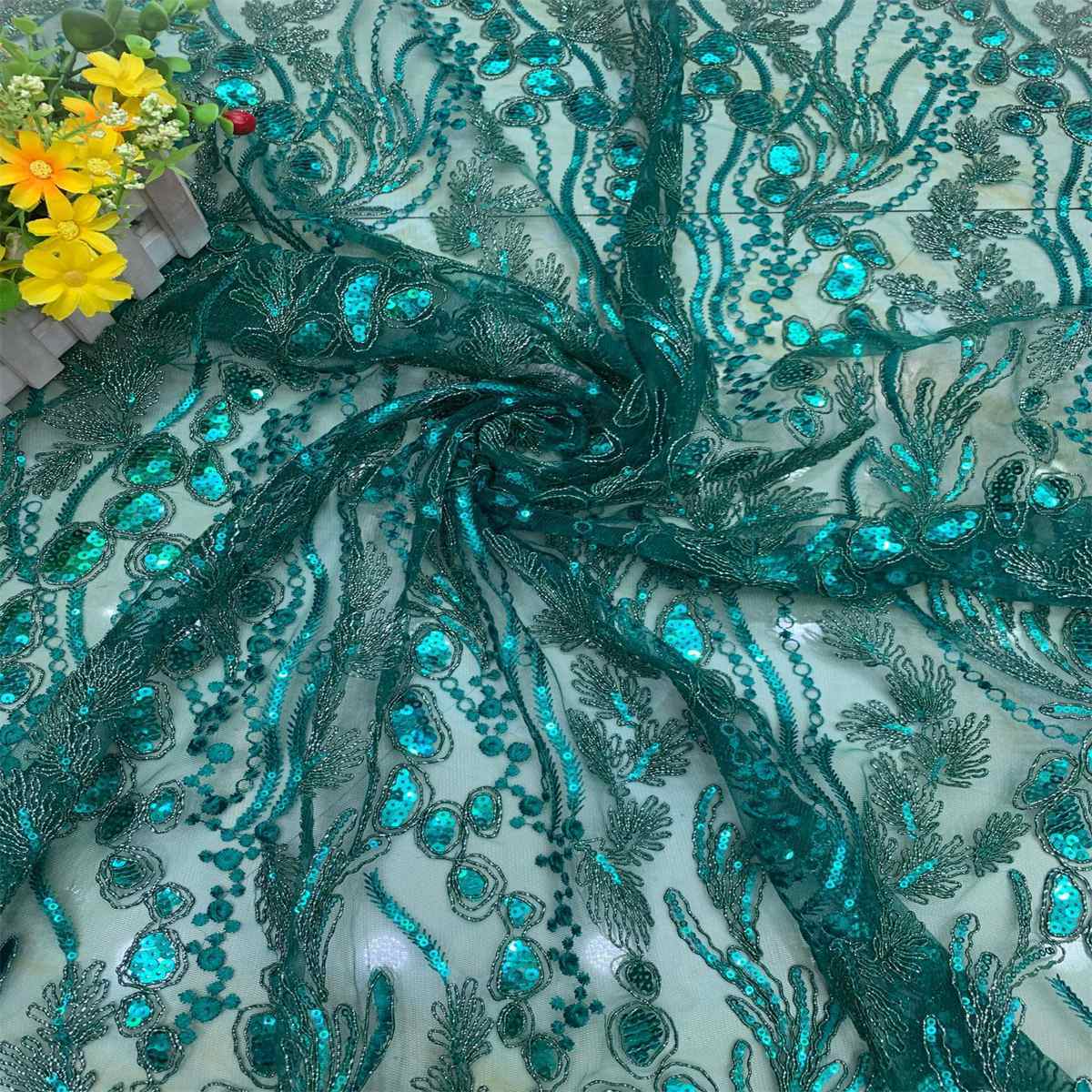 5 Yards Embroidered Sequin Fabric, Corded Embroidered Sequin Tulle Lace | Love in Lace | NO. DX039