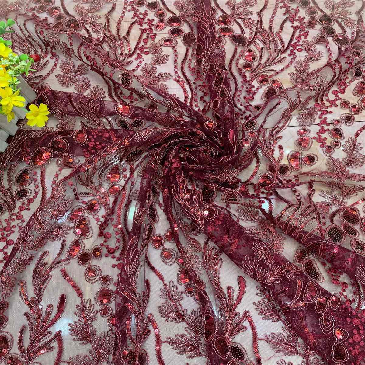 5 Yards Embroidered Sequin Fabric, Corded Embroidered Sequin Tulle Lace | Love in Lace | NO. DX039