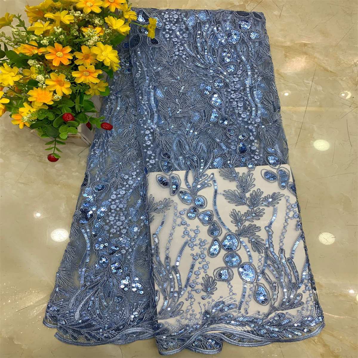 5 Yards Embroidered Sequin Fabric, Corded Embroidered Sequin Tulle Lace | Love in Lace | NO. DX039