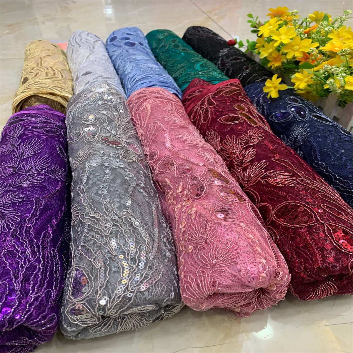 5 Yards Embroidered Sequin Fabric, Corded Embroidered Sequin Tulle Lace | Love in Lace | NO. DX039