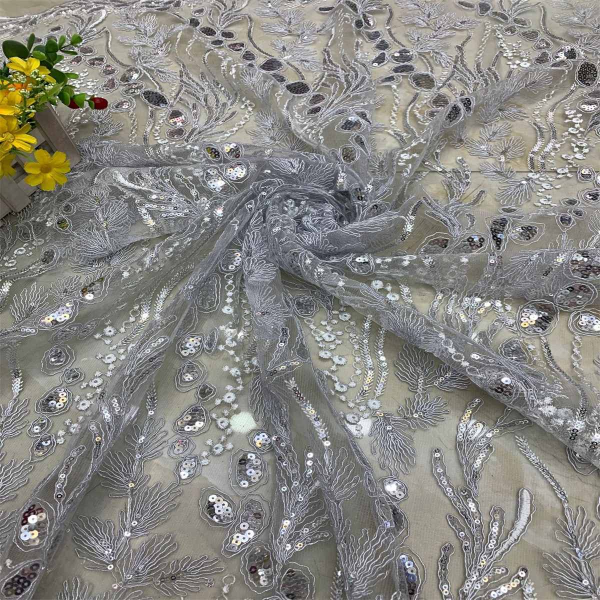 5 Yards Embroidered Sequin Fabric, Corded Embroidered Sequin Tulle Lace | Love in Lace | NO. DX039