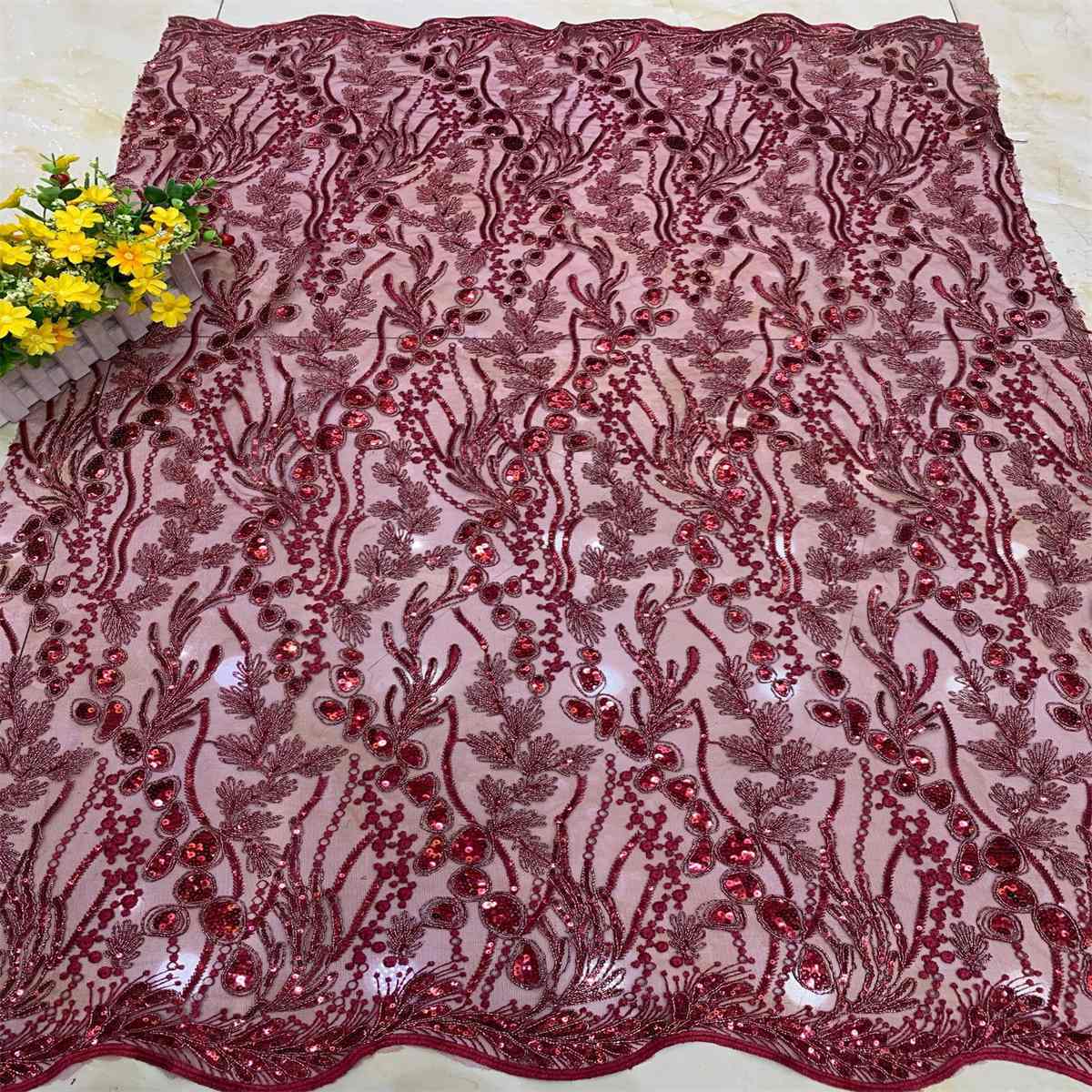 5 Yards Embroidered Sequin Fabric, Corded Embroidered Sequin Tulle Lace | Love in Lace | NO. DX039
