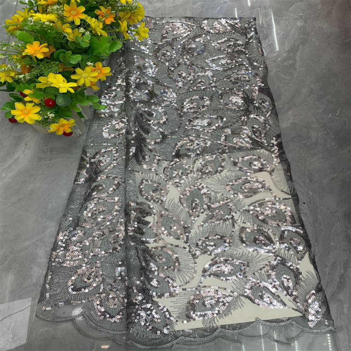 5 Yards Embroidered Sequin Fabric, Embroidered Sequin Tulle Lace | Love in Lace | NO. DX040