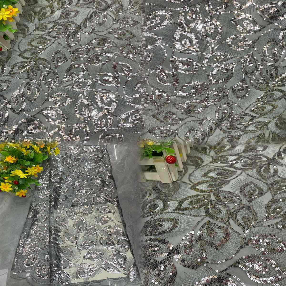 5 Yards Embroidered Sequin Fabric, Embroidered Sequin Tulle Lace | Love in Lace | NO. DX040