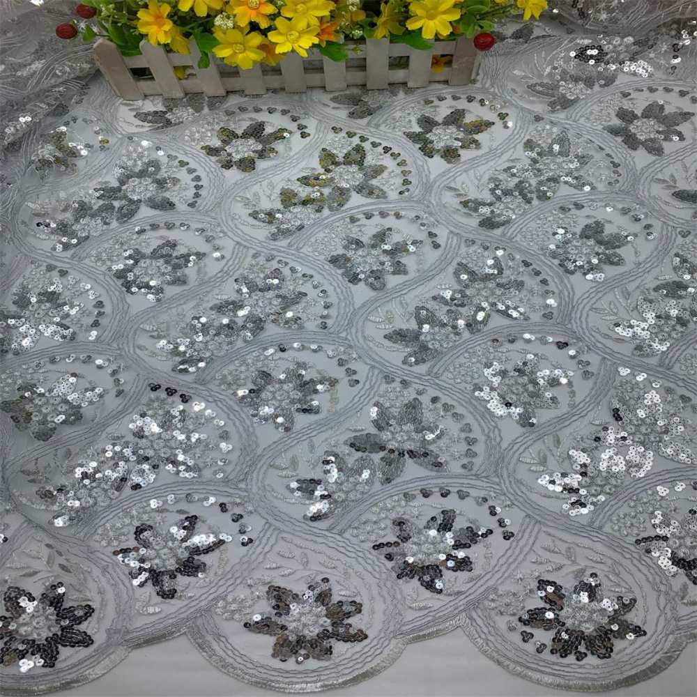 5 Yards Embroidered Sequin Fabric, Corded Embroidered Sequin Tulle Lace | Love in Lace | NO. JS006
