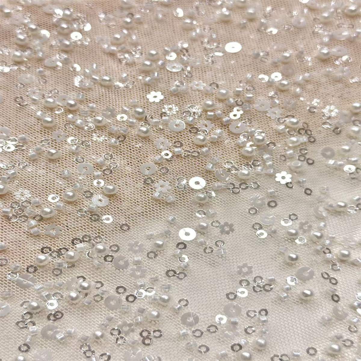 5 Yards Beaded Mesh Fabric, Beaded Tulle Fabric with Beads, Pearls & Sequins | Love in Lace | NO. HN280