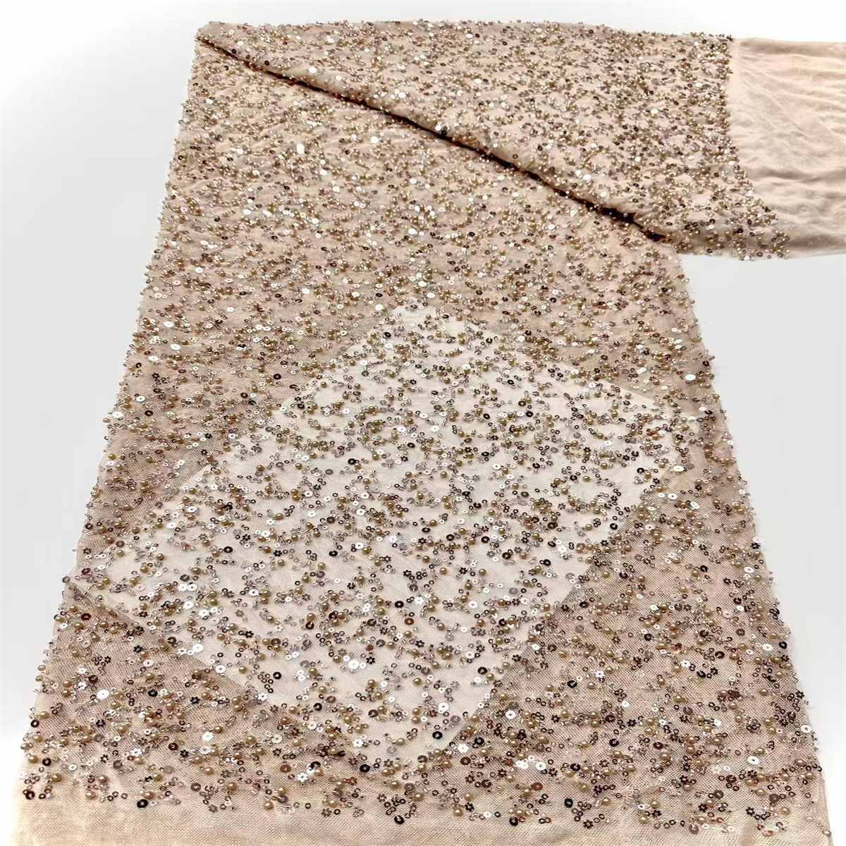 5 Yards Beaded Mesh Fabric, Beaded Tulle Fabric with Beads, Pearls & Sequins | Love in Lace | NO. HN280