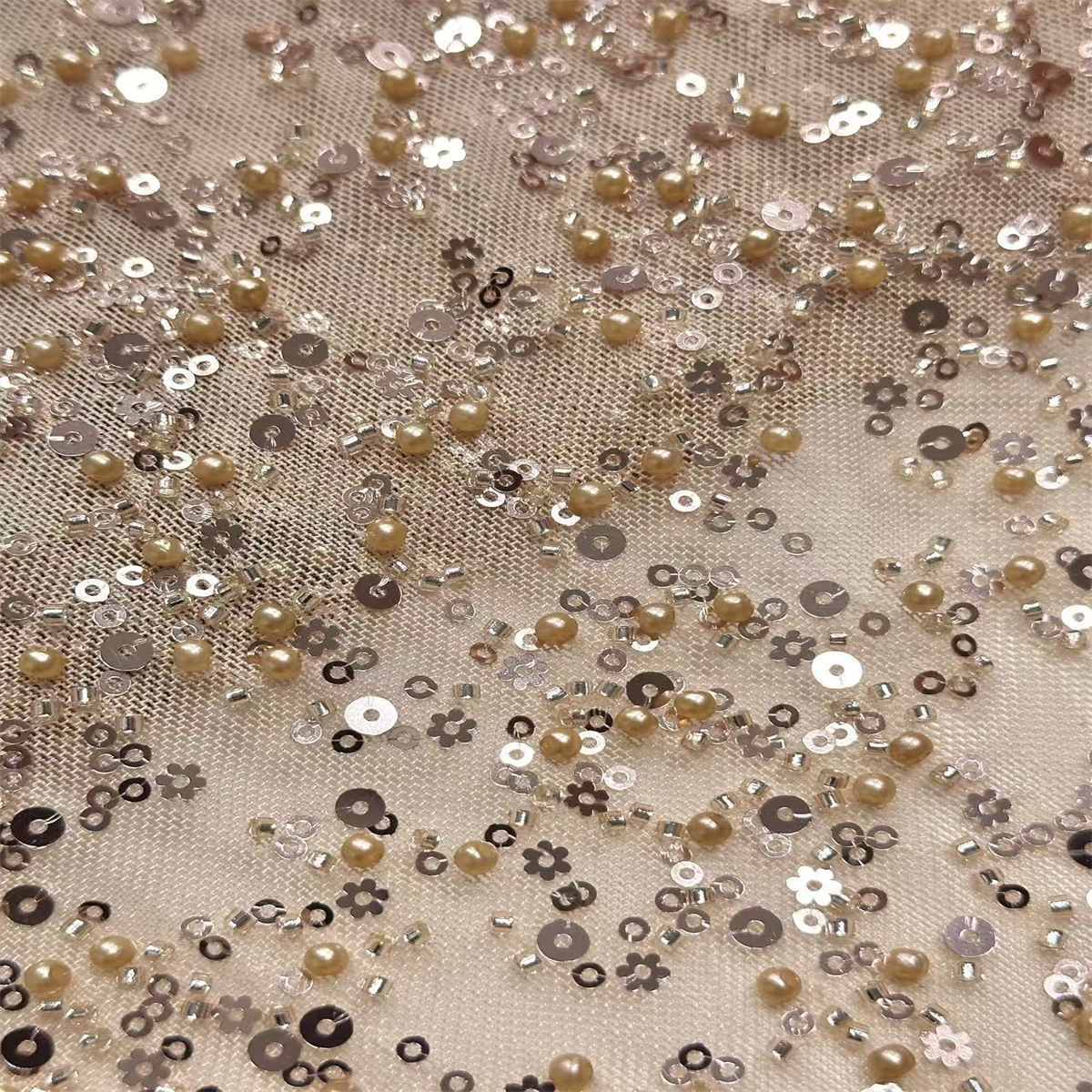 5 Yards Beaded Mesh Fabric, Beaded Tulle Fabric with Beads, Pearls & Sequins | Love in Lace | NO. HN280