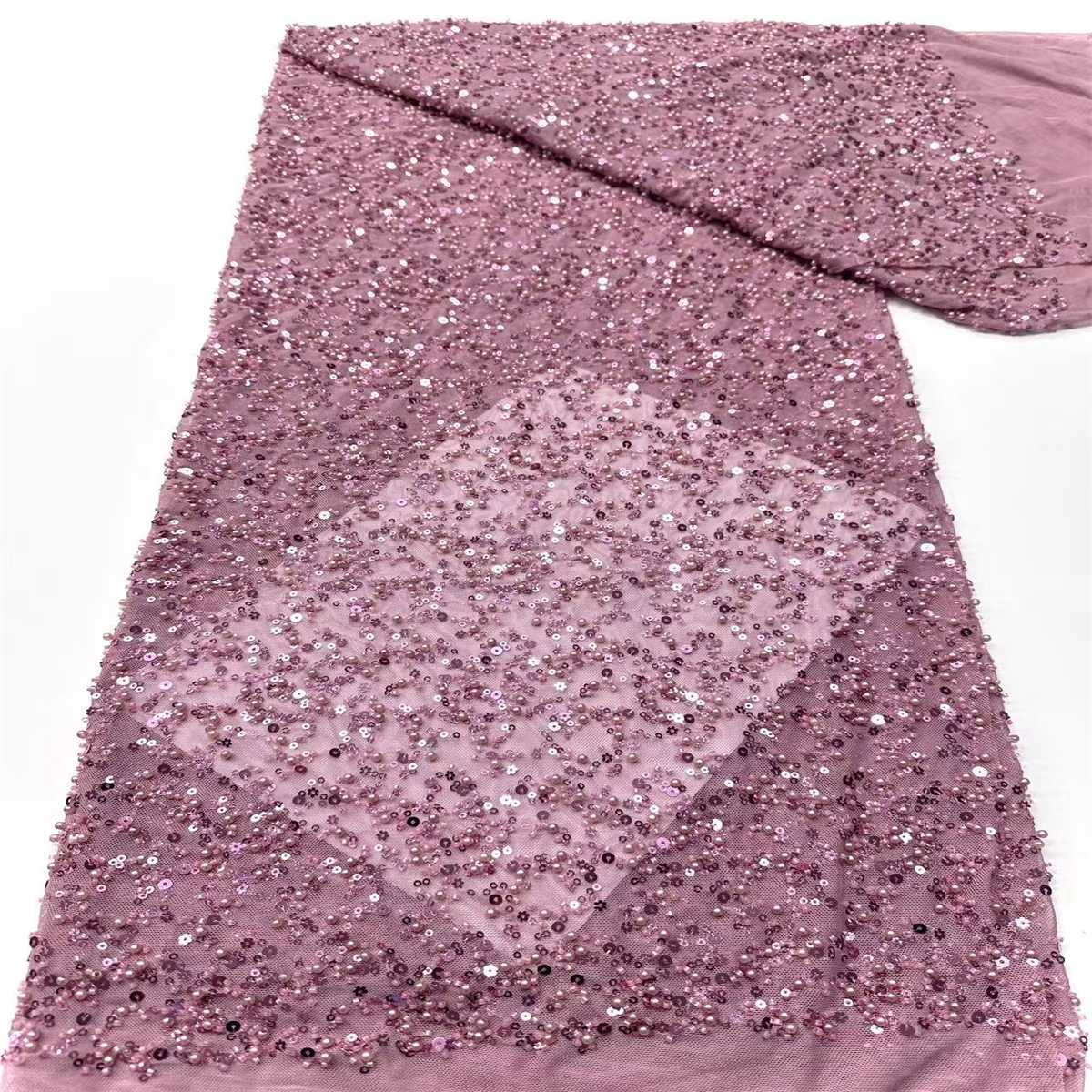 5 Yards Beaded Stretch Mesh Fabric, Beaded Tulle Lace Fabric, Embellished with Beads, Sequins, Pearls, Ref. HN280
