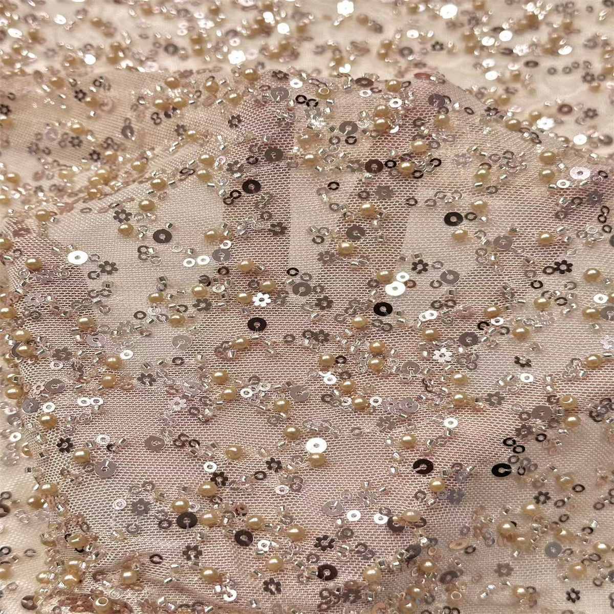 5 Yards Beaded Mesh Fabric, Beaded Tulle Fabric with Beads, Pearls & Sequins | Love in Lace | NO. HN280