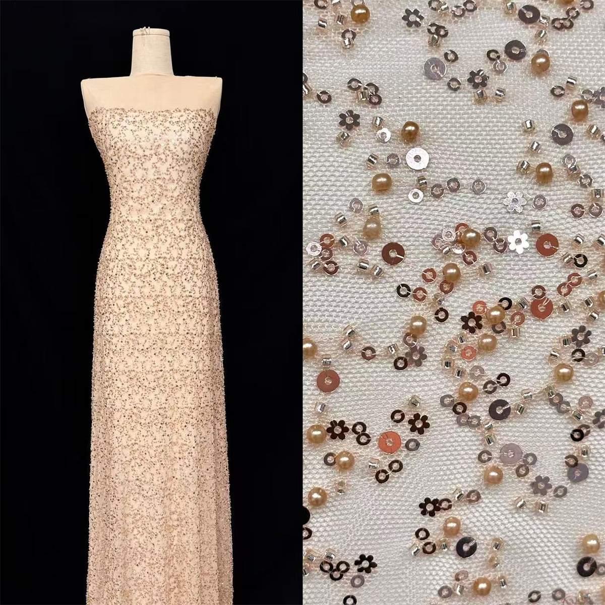 5 Yards Beaded Mesh Fabric, Beaded Tulle Fabric with Beads, Pearls & Sequins | Love in Lace | NO. HN280