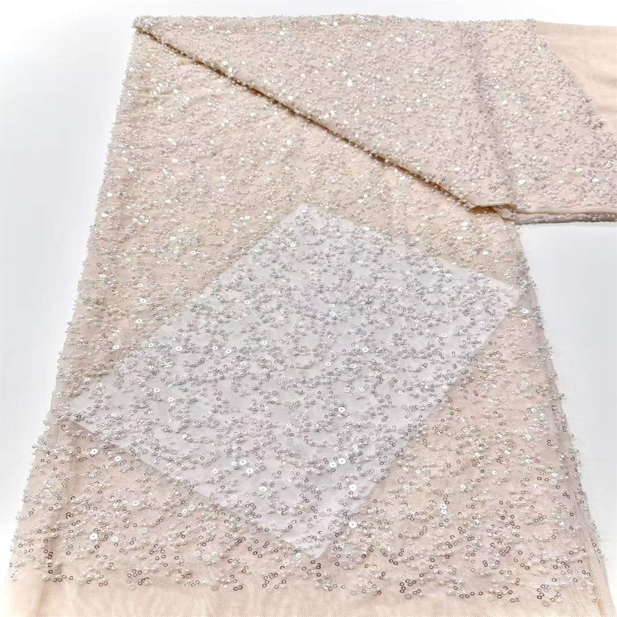 5 Yards Beaded Mesh Fabric, Beaded Tulle Fabric with Beads, Pearls & Sequins | Love in Lace | NO. HN280