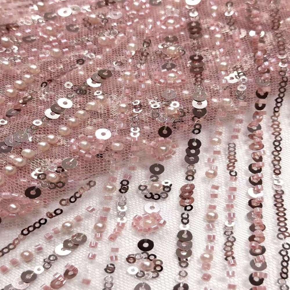 5 Yards Beaded Mesh Fabric, Beaded Tulle Lace Fabric, Embellished with Beads, Sequins, Pearls, Ref. HN291