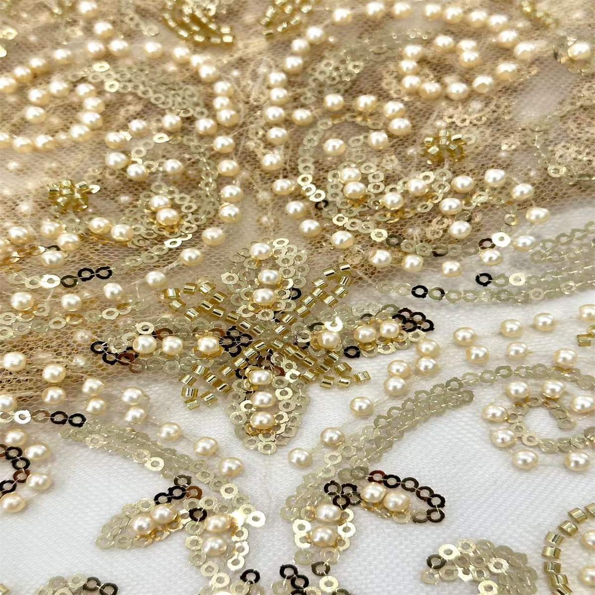 5 Yards Beaded Mesh Fabric, Beaded Tulle Fabric with Beads, Pearls & Sequins | Love in Lace | NO. HN285