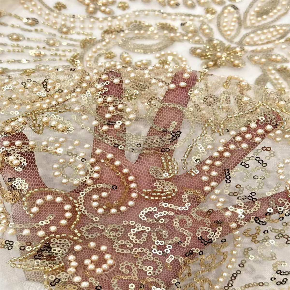 5 Yards Beaded Mesh Fabric, Beaded Tulle Fabric with Beads, Pearls & Sequins | Love in Lace | NO. HN285
