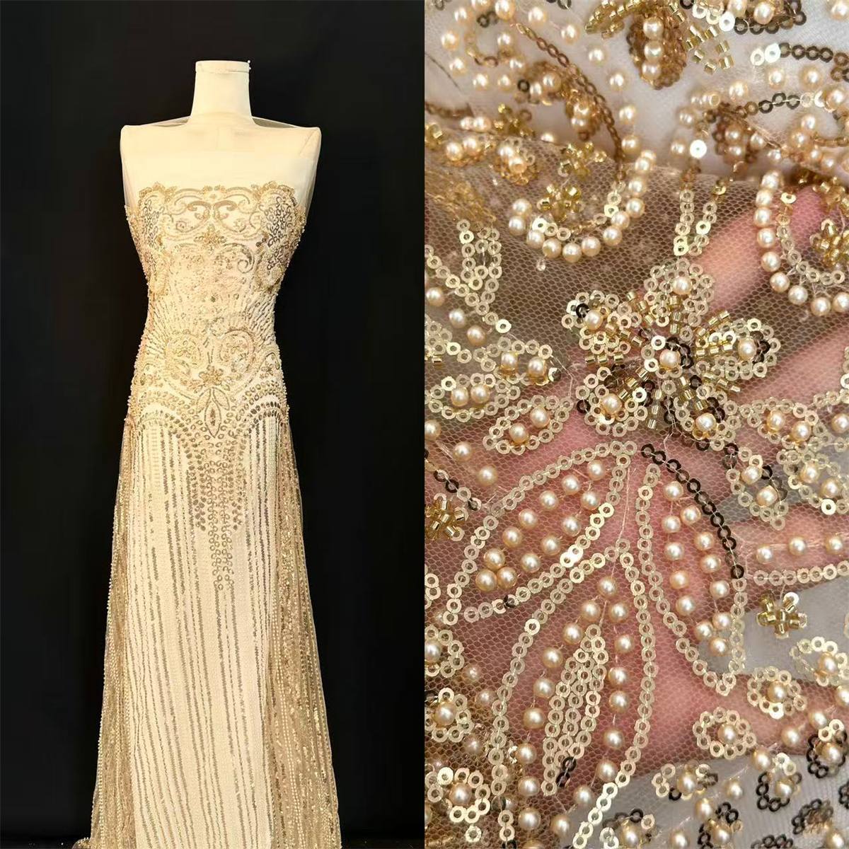 5 Yards Beaded Mesh Fabric, Beaded Tulle Fabric with Beads, Pearls & Sequins | Love in Lace | NO. HN285