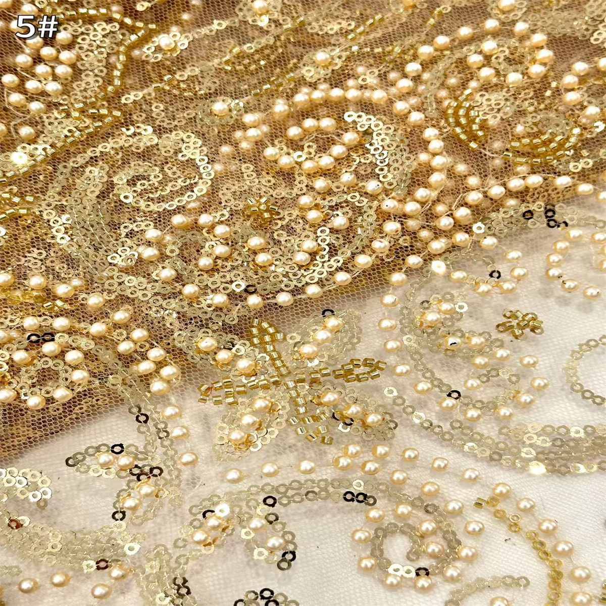 5 Yards Beaded Mesh Fabric, Beaded Tulle Fabric with Beads, Pearls & Sequins | Love in Lace | NO. HN285