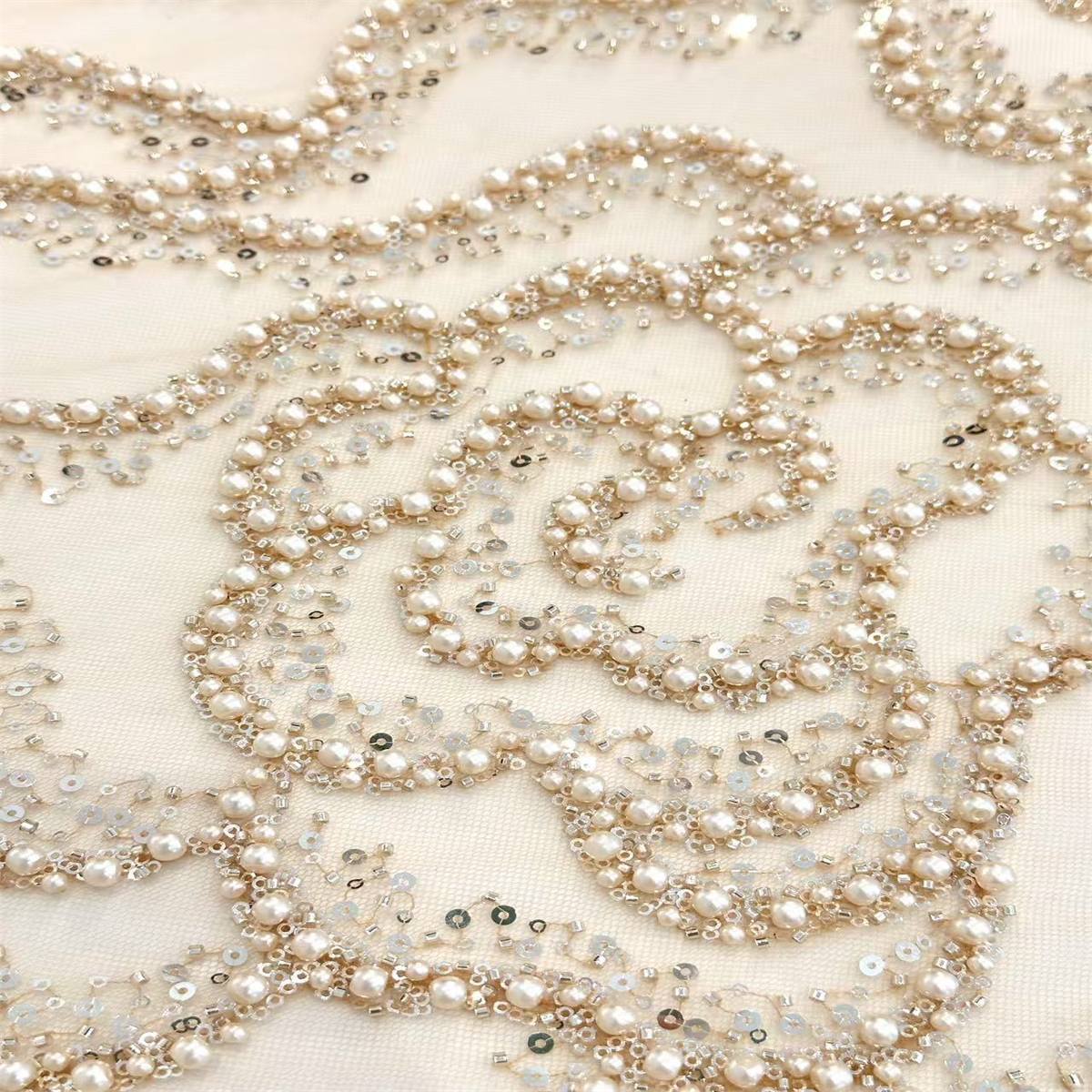 5 Yards Beaded Mesh Fabric, Beaded Tulle Fabric with Beads, Pearls & Sequins | Love in Lace | NO. ZT089