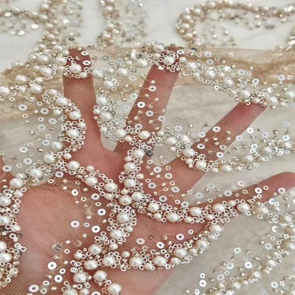 Yards Beaded Mesh Fabric, Beaded Tulle Fabric with Beads, Pearls