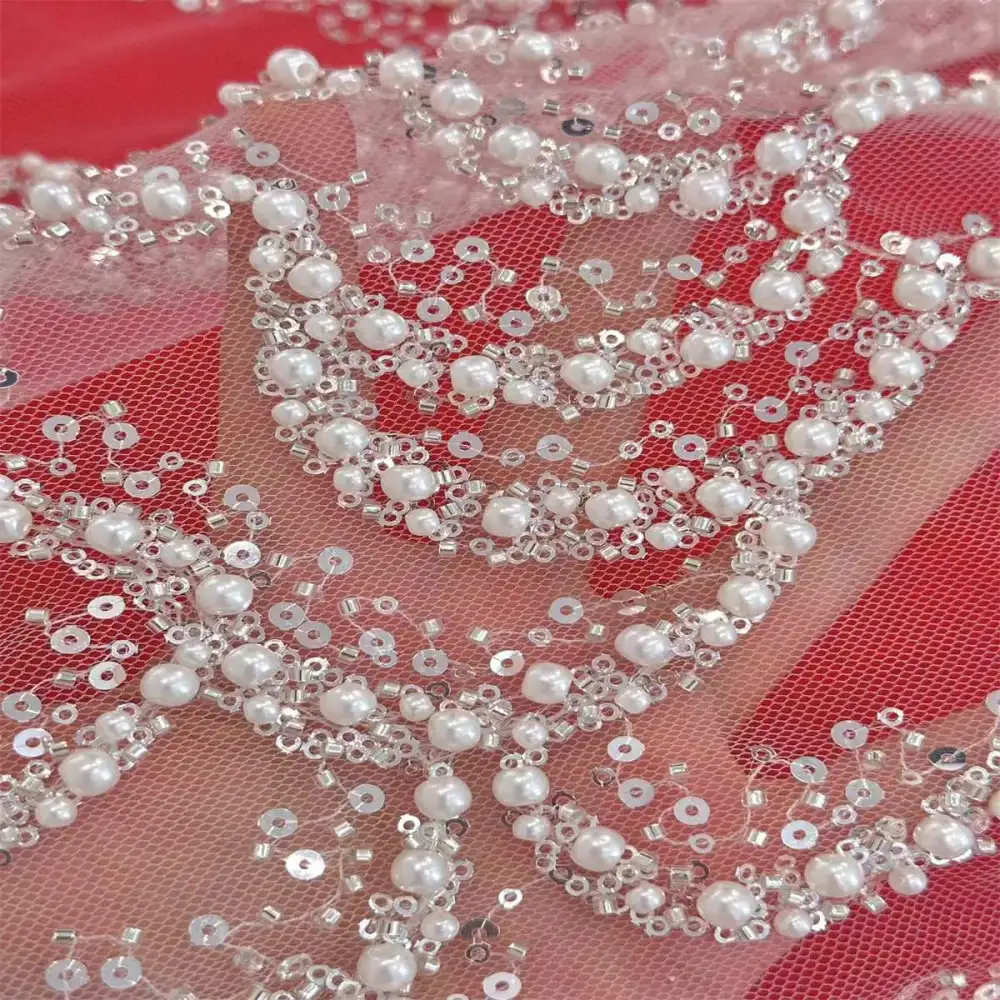 Yards Beaded Mesh Fabric, Beaded Tulle Fabric with Beads, Pearls
