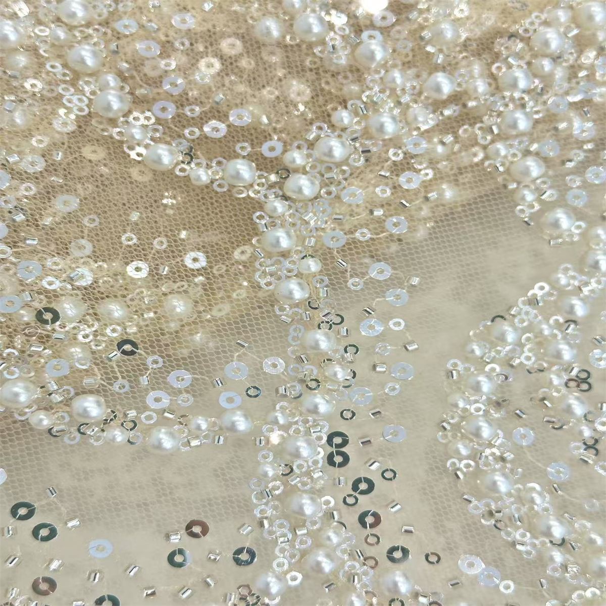 5 Yards Beaded Mesh Fabric, Beaded Tulle Fabric with Beads, Pearls & Sequins | Love in Lace | NO. ZT089