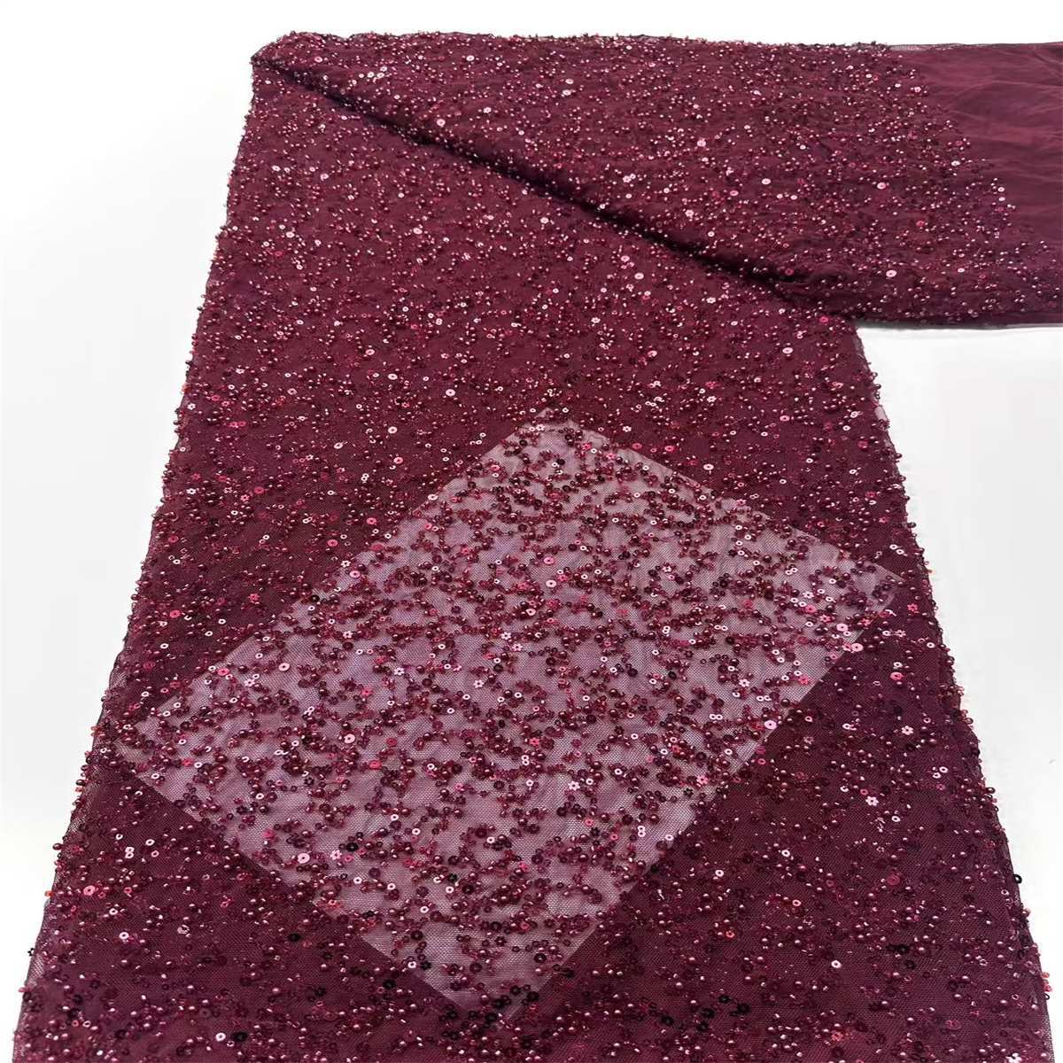 5 Yards Beaded Stretch Mesh Fabric, Beaded Stretch Tulle Fabric with Beads, Pearls & Sequins | Love in Lace | NO. HN280