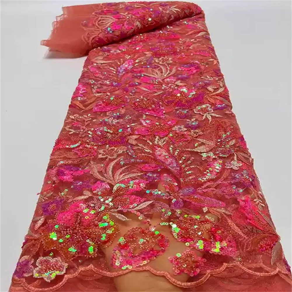 5 Yards Luxury Crystal Pearl Beaded Embroidered Lace Fabric for Evening Gowns