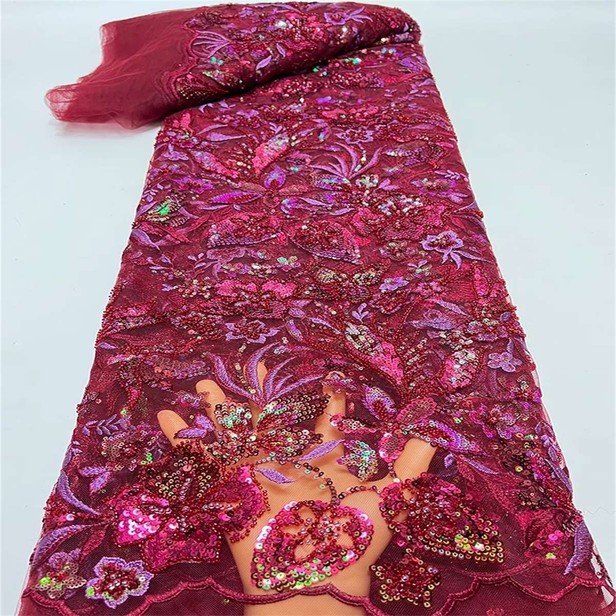 5 Yards Luxury Crystal Pearl Beaded Embroidered Lace Fabric for Evening Gowns