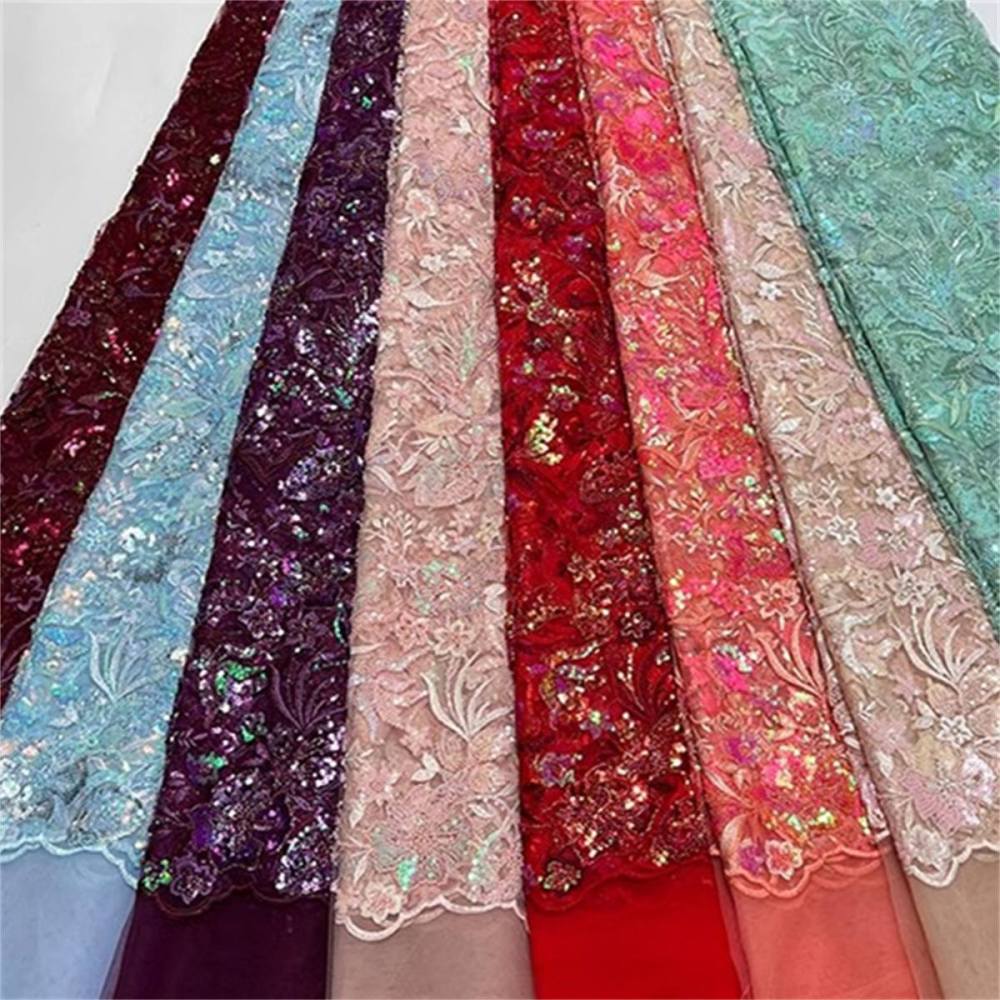 5 Yards Luxury Crystal Pearl Beaded Embroidered Lace Fabric for Evening Gowns