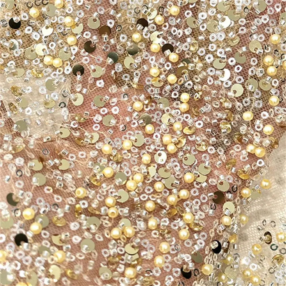 Yards Beaded Mesh Fabric, Beaded Tulle Fabric with Beads, Pearls