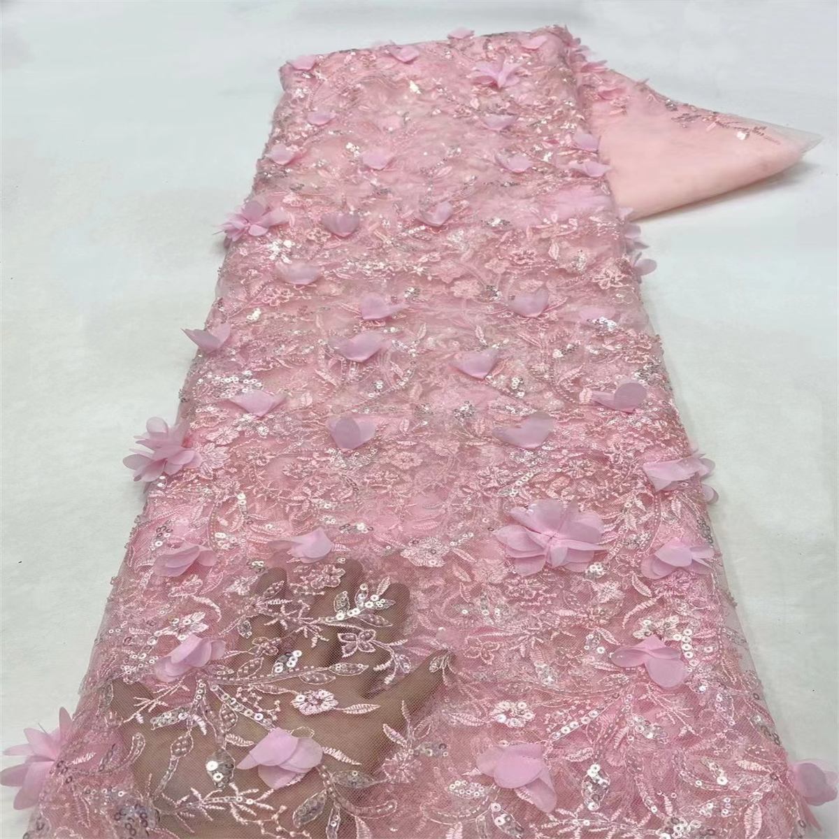 5 Yards Beaded Embroidered 3D Floral Lace Material Fabric
