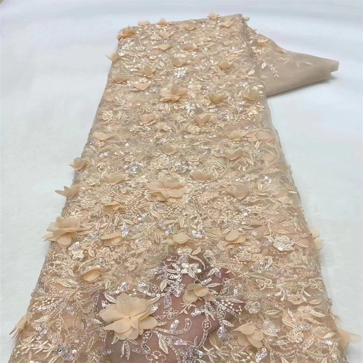5 Yards Beaded Embroidered 3D Floral Lace Material Fabric