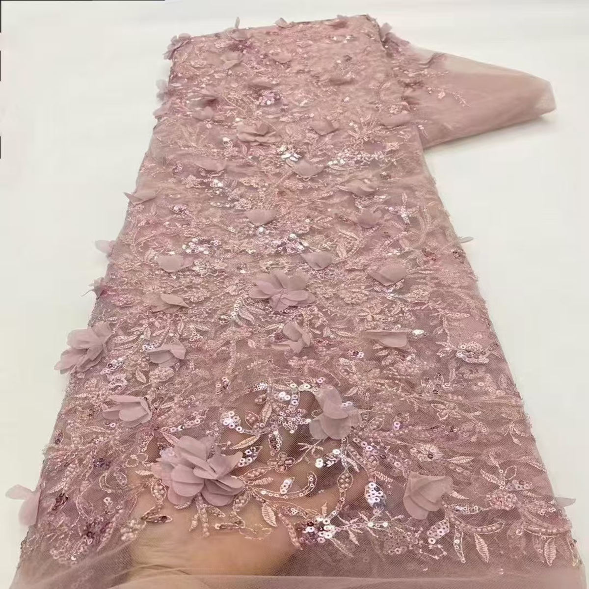 5 Yards Embroidered Beaded Fabric, Embroidered Sequin Tulle Lace With 3D Flowers, Petals | Love in Lace | NO. HL045