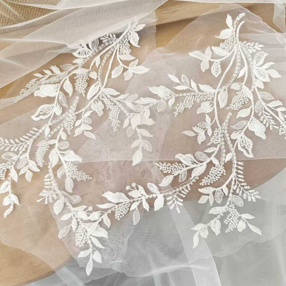 2 Pieces Beaded Embroidered Bridal Lace Applique