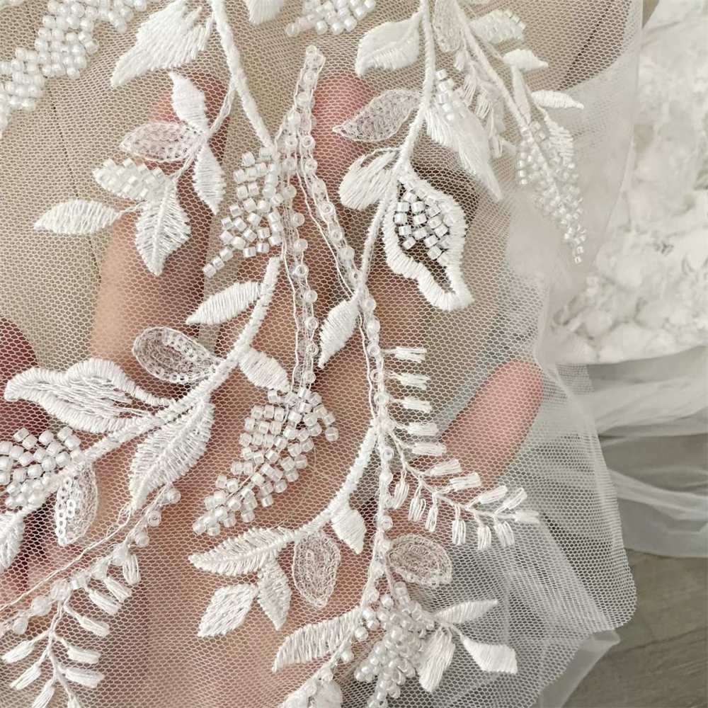 2 Pieces Beaded Embroidered Bridal Lace Applique