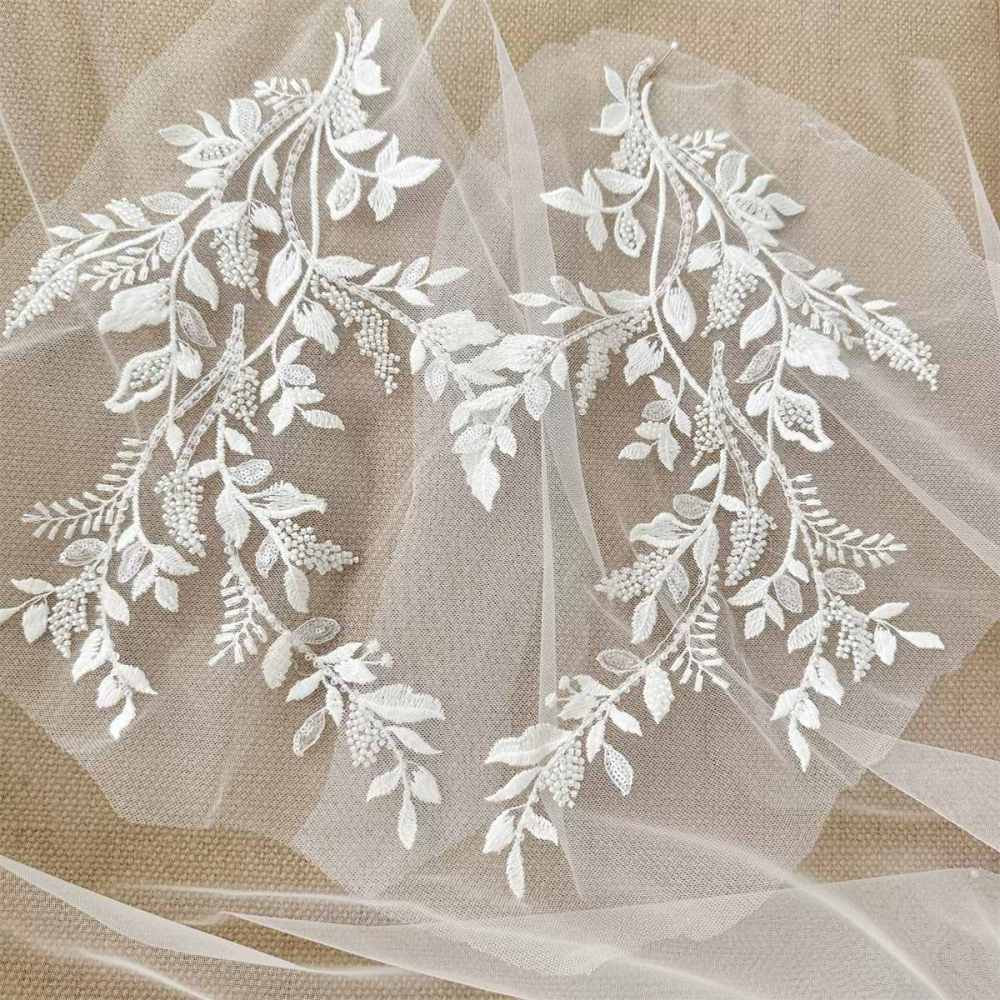 2 Pieces Beaded Embroidered Bridal Lace Applique