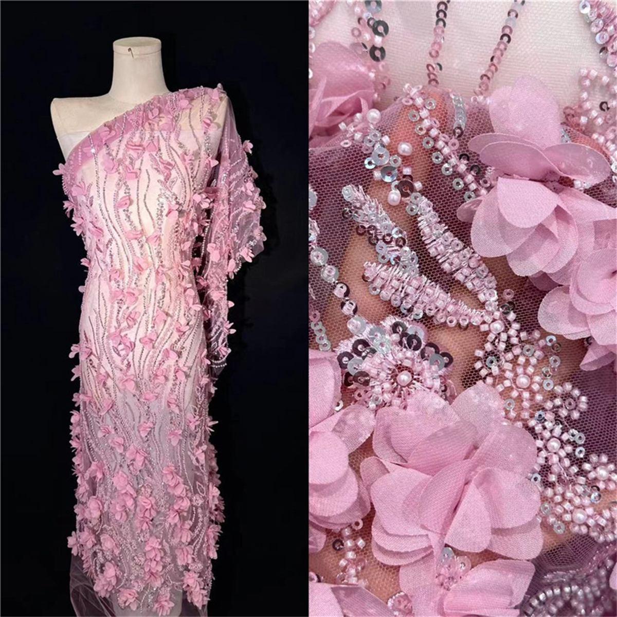 5 Yards 3D Floral Pearl Beaded Embroidered Lace Fabric – Luxury Wedding Gown and Evening Dress Material | Love in Lace