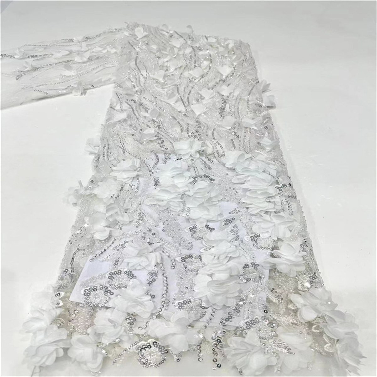 5 Yards 3D Floral Pearl Beaded Embroidered Lace Fabric – Luxury Wedding Gown and Evening Dress Material | Love in Lace