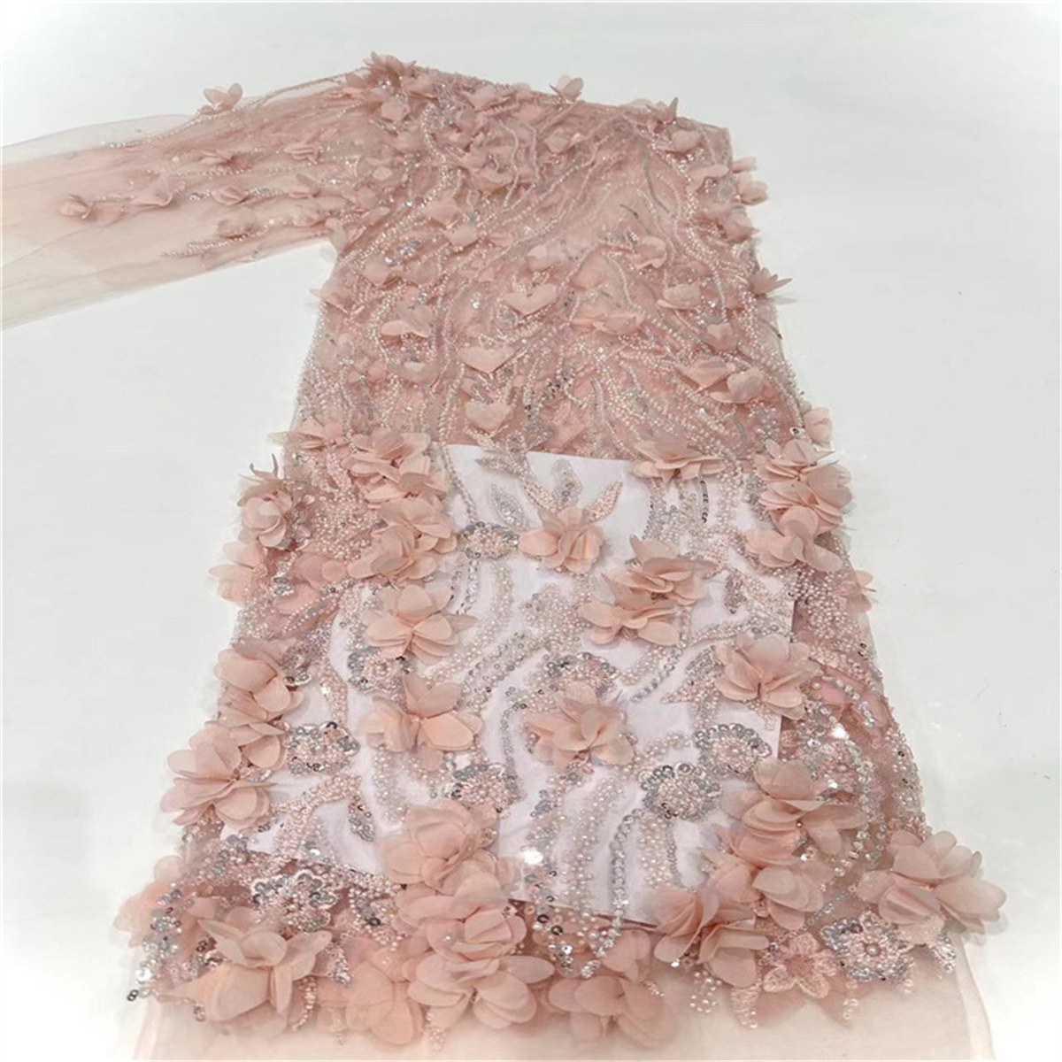 5 Yards 3D Floral Pearl Beaded Embroidered Lace Fabric – Luxury Wedding Gown and Evening Dress Material | Love in Lace