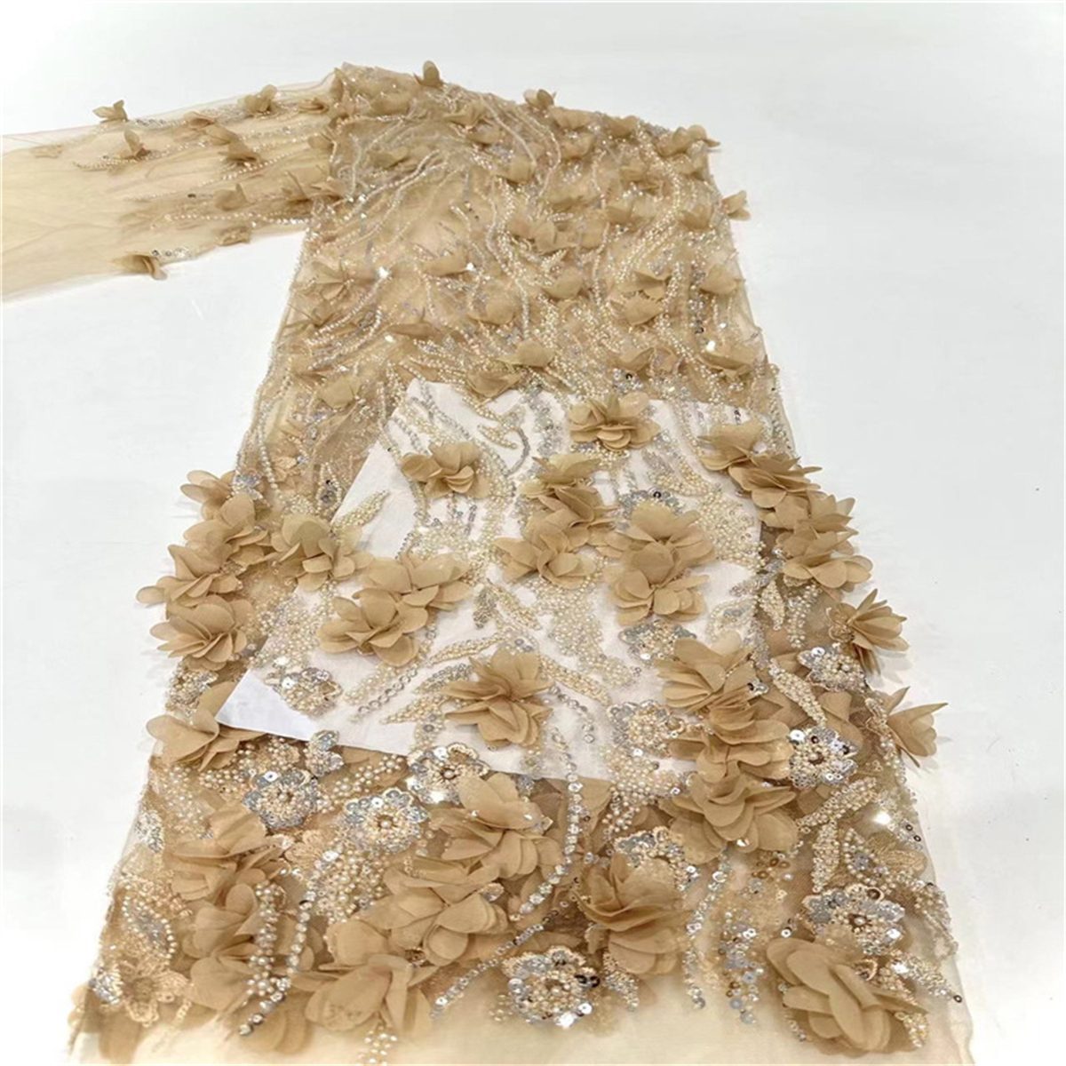 5 Yards 3D Floral Pearl Beaded Embroidered Lace Fabric – Luxury Wedding Gown and Evening Dress Material | Love in Lace