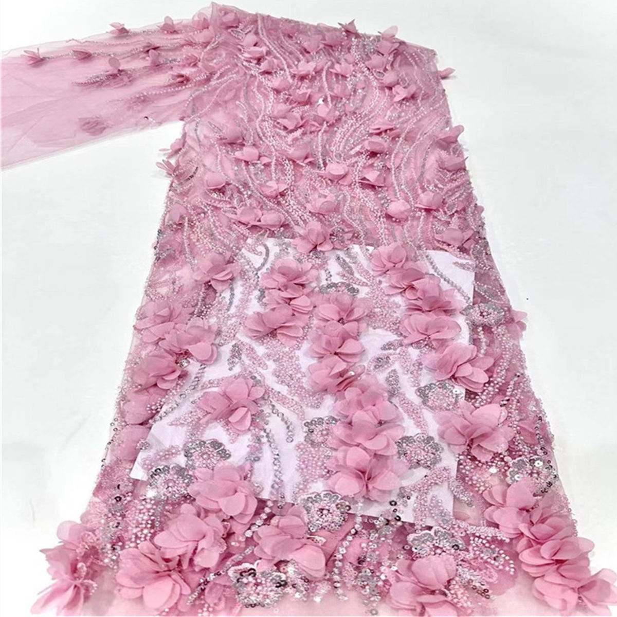 5 Yards 3D Floral Pearl Beaded Embroidered Lace Fabric – Luxury Wedding Gown and Evening Dress Material | Love in Lace