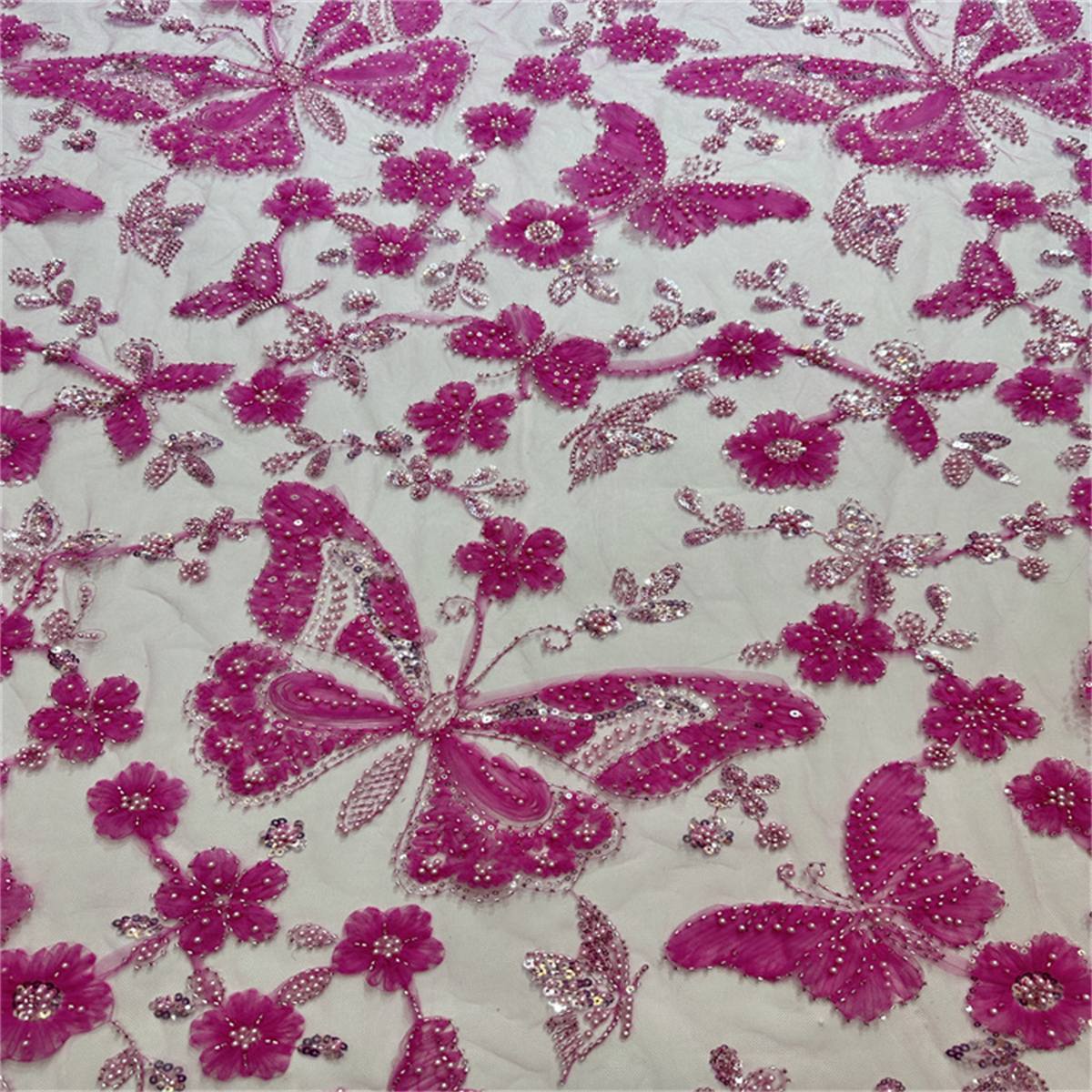 5 Yards Beaded Mesh Fabric, Beaded Tulle Lace Fabric with Beads, Pearls, 3D Flowers & Butterflies | Love in Lace | NO. HB047