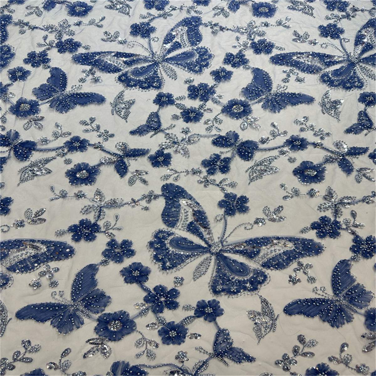 5 Yards Beaded Mesh Fabric, Beaded Tulle Lace Fabric with Beads, Pearls, 3D Flowers & Butterflies | Love in Lace | NO. HB047