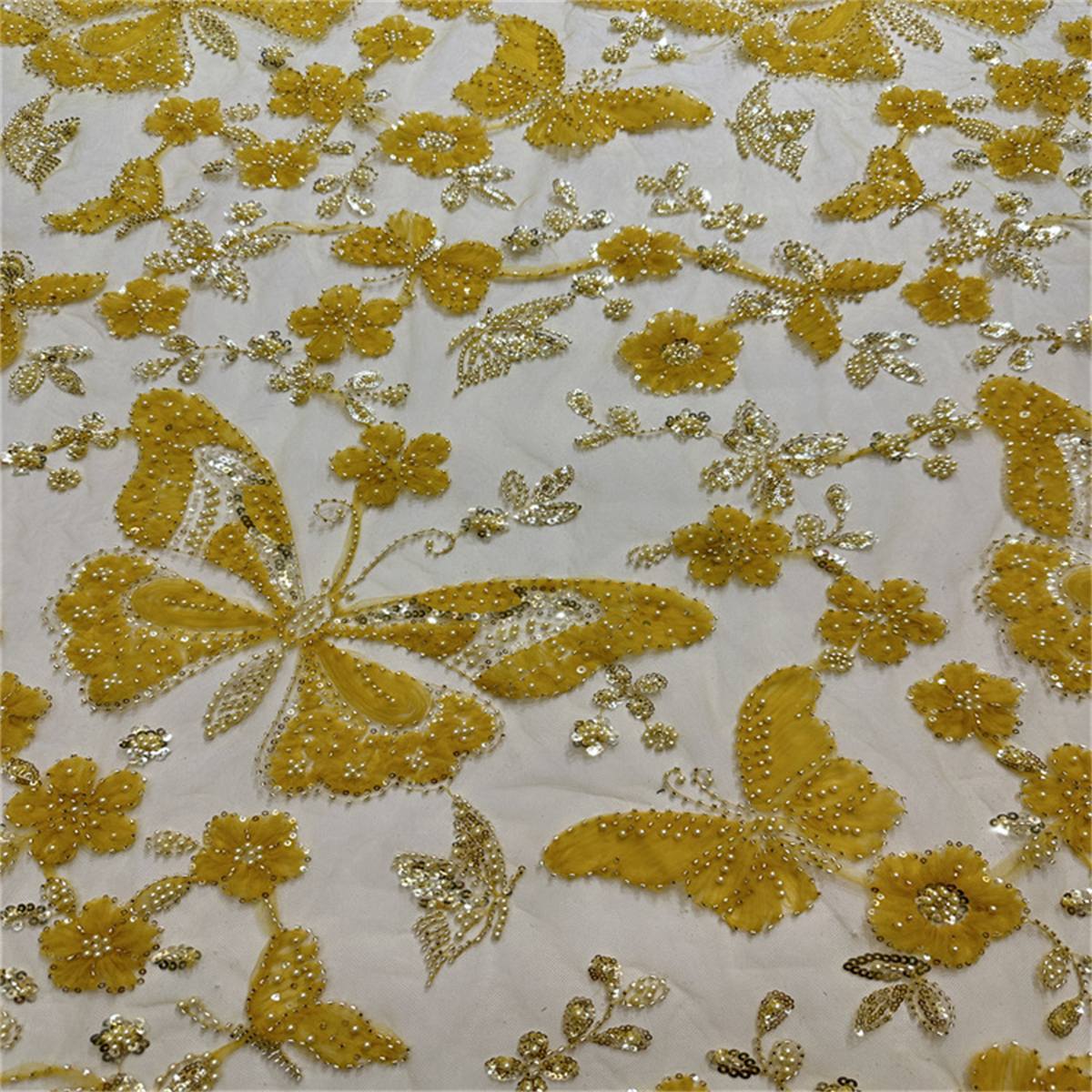 5 Yards Beaded Mesh Fabric, Beaded Tulle Lace Fabric with Beads, Pearls, 3D Flowers & Butterflies | Love in Lace | NO. HB047