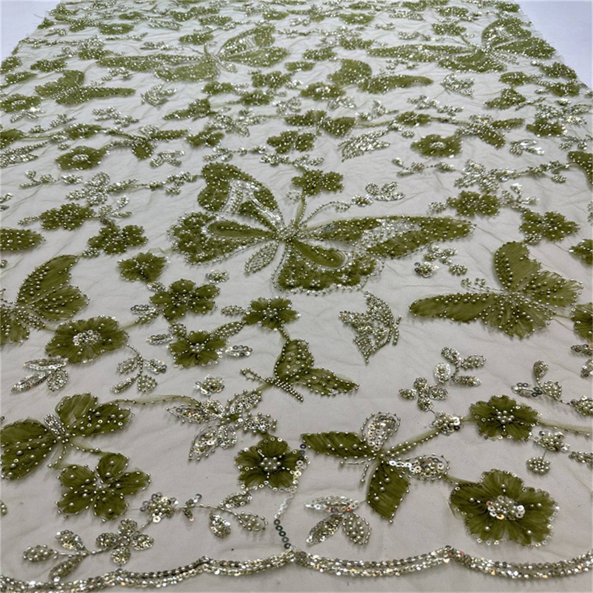 5 Yards Beaded Mesh Fabric, Beaded Tulle Lace Fabric with Beads, Pearls, 3D Flowers & Butterflies | Love in Lace | NO. HB047