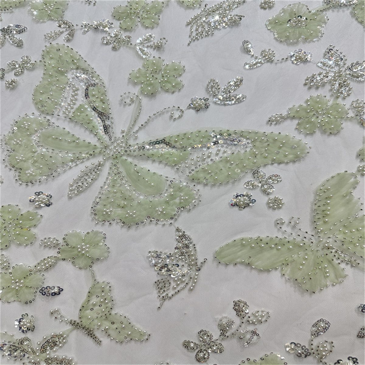 5 Yards Beaded Mesh Fabric, Beaded Tulle Lace Fabric with Beads, Pearls, 3D Flowers & Butterflies | Love in Lace | NO. HB047