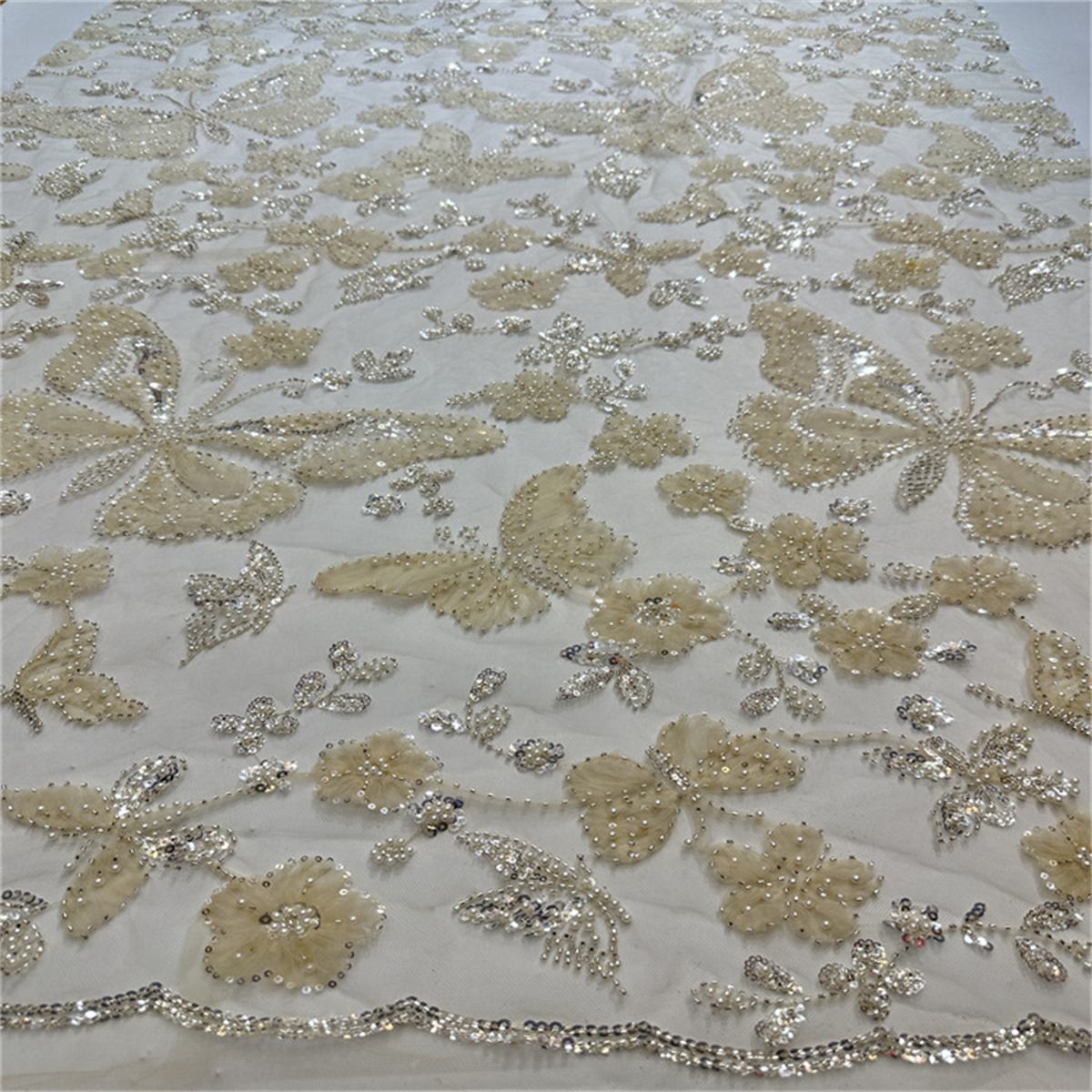 5 Yards Beaded Mesh Fabric, Beaded Tulle Lace Fabric with Beads, Pearls, 3D Flowers & Butterflies | Love in Lace | NO. HB047