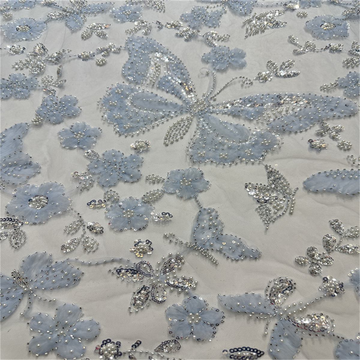 5 Yards Beaded Mesh Fabric, Beaded Tulle Lace Fabric with Beads, Pearls, 3D Flowers & Butterflies | Love in Lace | NO. HB047