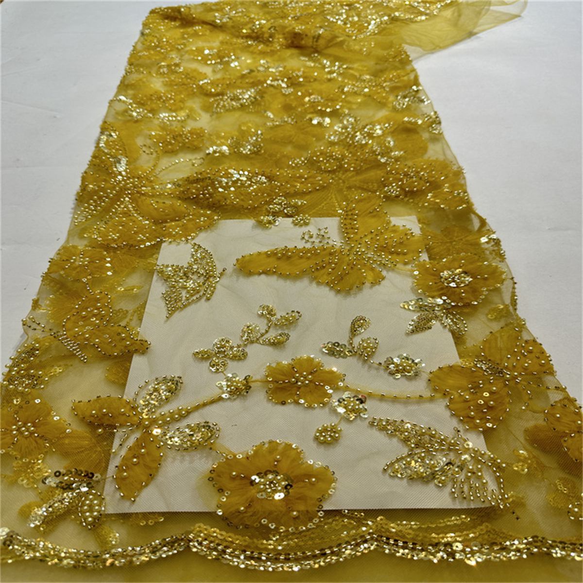 5 Yards Beaded Mesh Fabric, Beaded Tulle Lace Fabric with Beads, Pearls, 3D Flowers & Butterflies | Love in Lace | NO. HB047